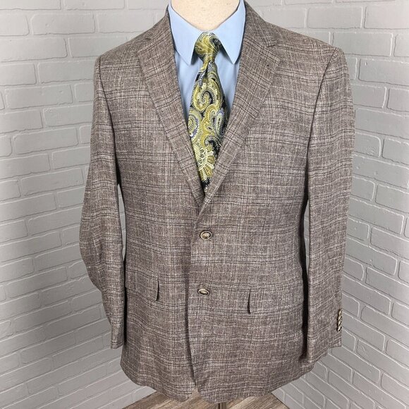 Joseph Abboud Blazer Men 40‎ Brown Blue Plaid Nova Fides Heritage Linen Jacket - Picture 1 of 15